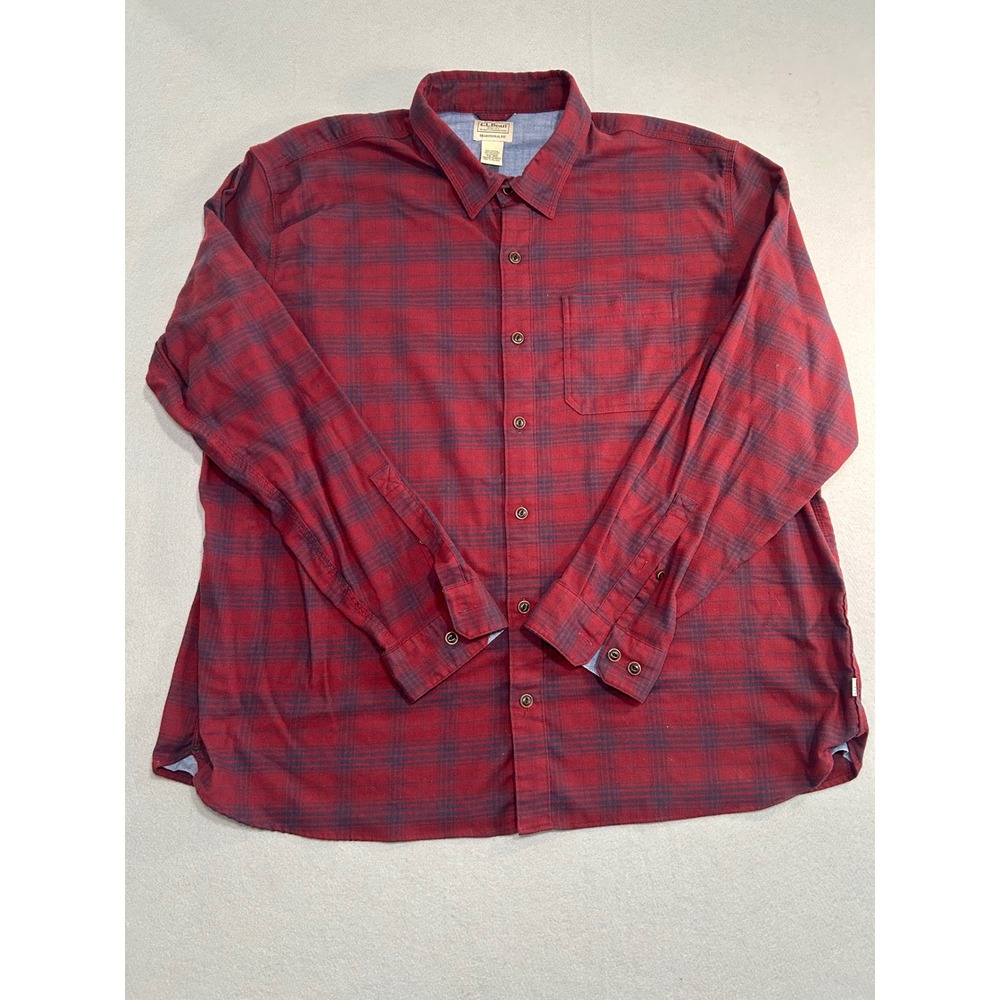 L.L.Bean Button Down Shirt Mens XXL‎ Red Plaid Flannel Traditional Fit Stretch